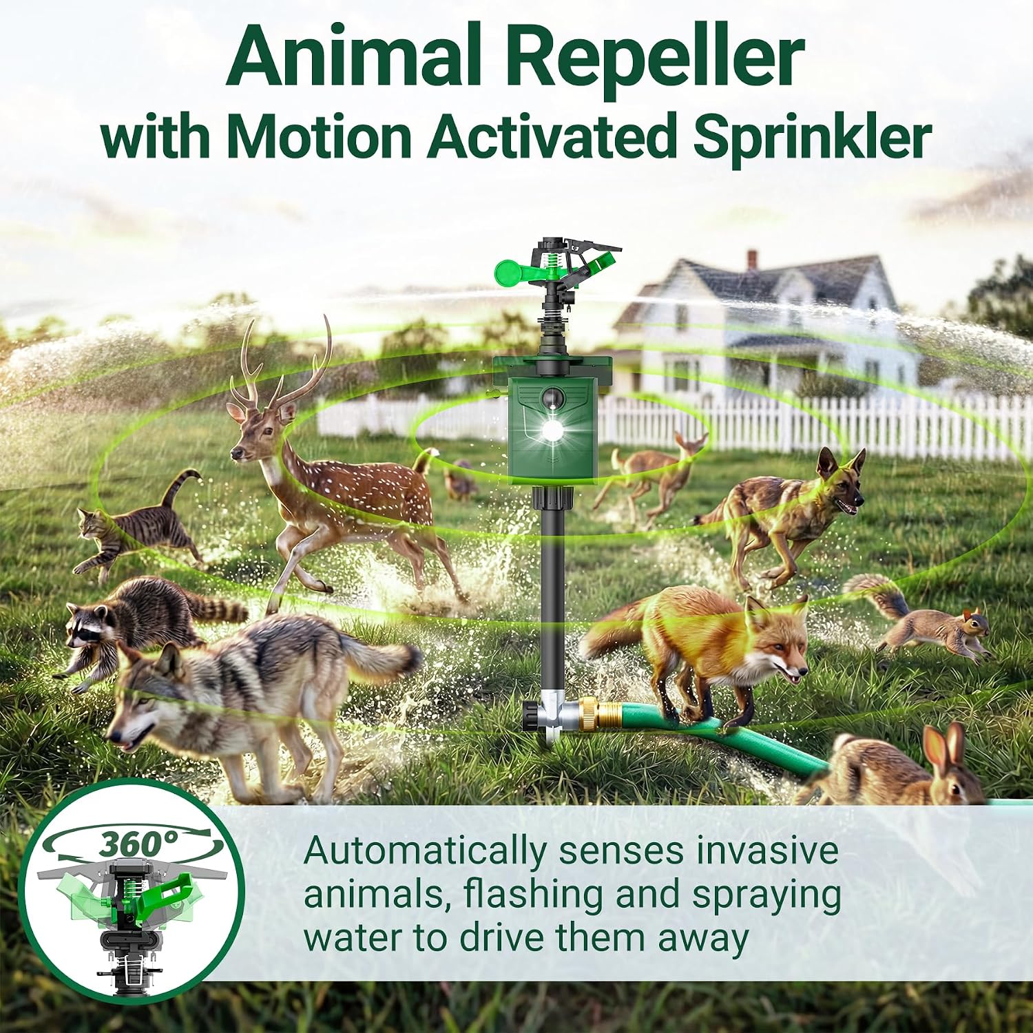 2 Packs Motion Activated Animal Repeller with Water Sprinkler, Deer Repellent Devices Solar Powered, IP65 Waterproof Deer Repellent with Flashing Light, Deter Cats Dogs Skunks Raccoons from Garden