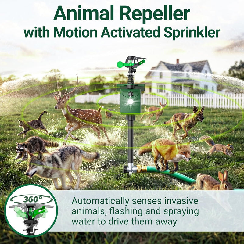 2 Packs Motion Activated Animal Repeller with Water Sprinkler, Deer Repellent Devices Solar Powered, IP65 Waterproof Deer Repellent with Flashing Light, Deter Cats Dogs Skunks Raccoons from Garden