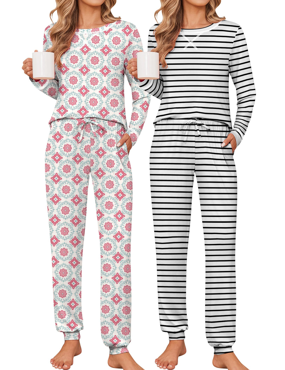 Ekouaer 2 Pack Pajama Sets for Women Long Sleeves Lounge Set Jogger Pants