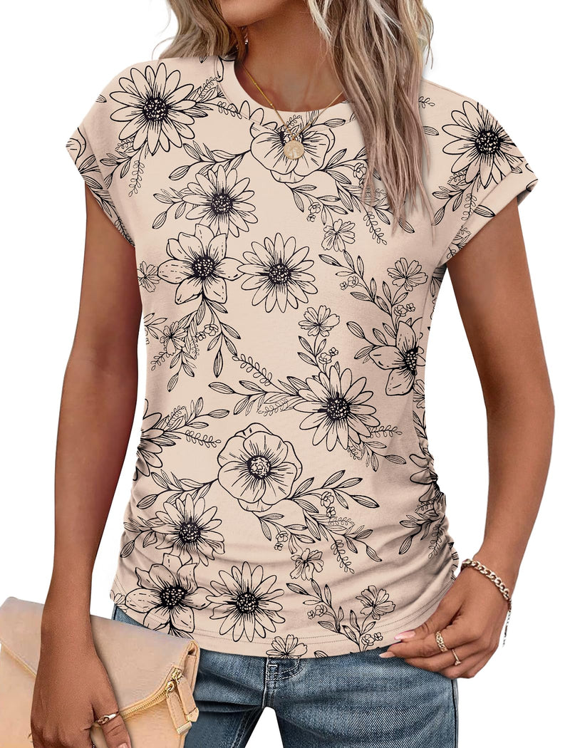 SAMPEEL Womens Summer Tops Trendy 2025 Ruched Cap Short Sleeve Tshirts Shirts Crew Neck T Shirts Fashion-34