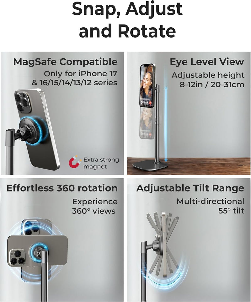 COOPER MagStand, Adjustable Magnetic iPhone Stand for Desk & Phone Holder for Video Recording, Compatible with MagSafe, Stand for iPhone 17 Pro Max, 16/15/14/13/12, Small Mag Safe Tripod (Black)