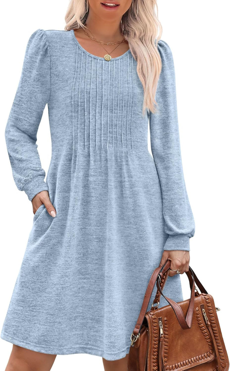OFEEFAN Long Sleeve Dress for Women Pleated Crew Neck Casual Babydoll Sweater Dress with Pockets Fall Outfits Fashion-26