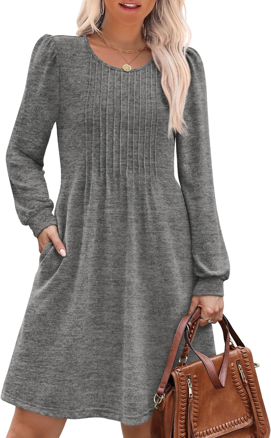 OFEEFAN Long Sleeve Dress for Women Pleated Crew Neck Casual Babydoll Sweater Dress with Pockets Fall Outfits Fashion-37