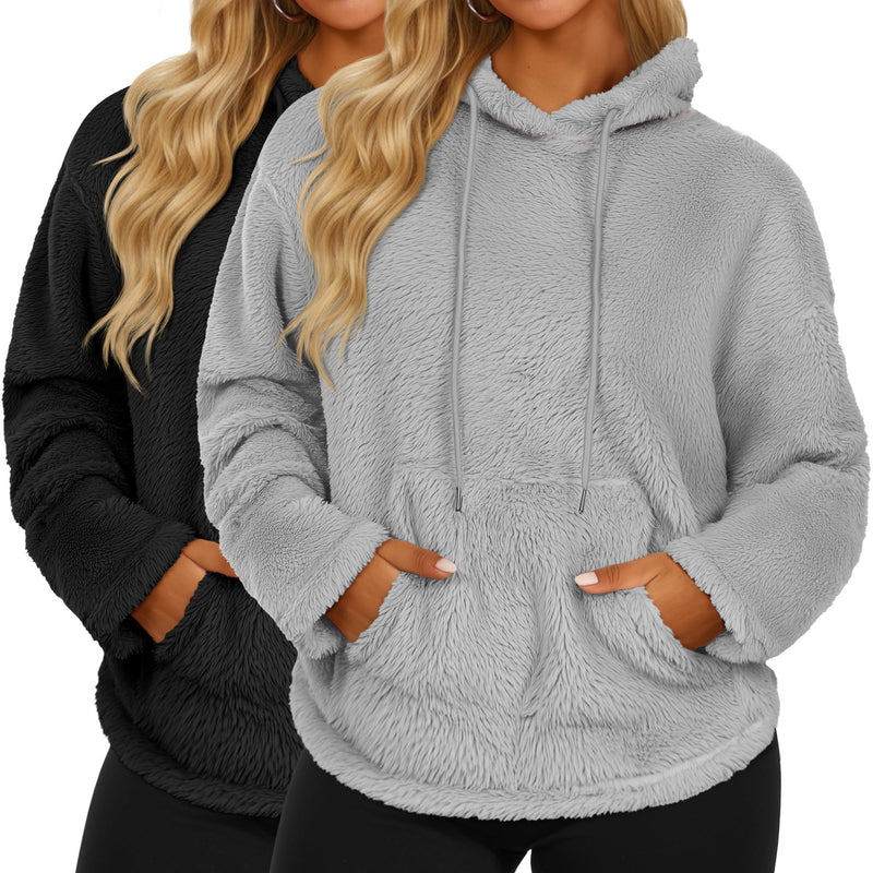 2 Pack Women's Double Fuzzy Fleece Hoodies, Kangaroo Pocket Pullover Winter Drawstring Oversized Loose Sweatshirts-3