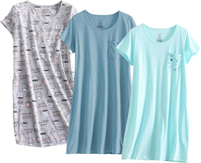 PNAEONG 3 Pack Women's Cotton Nightgown Sleepwear Short Sleeves Shirt Casual Print Sleepdress-12