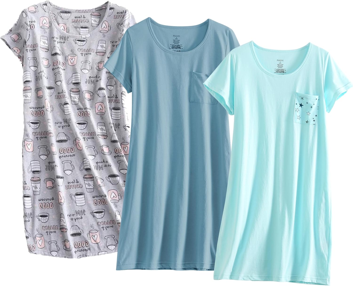 PNAEONG 3 Pack Women's Cotton Nightgown Sleepwear Short Sleeves Shirt Casual Print Sleepdress-26