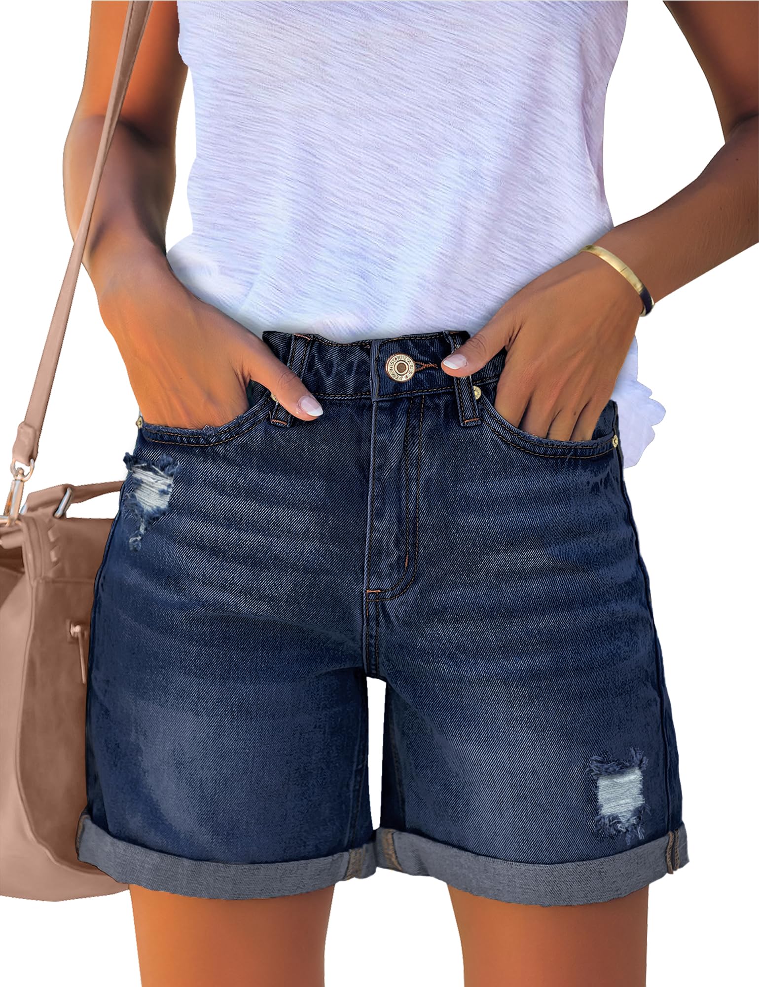luvamia Women's Casual Ripped Denim Shorts High Rise Distressed Rolled Hem Jeans Shorts