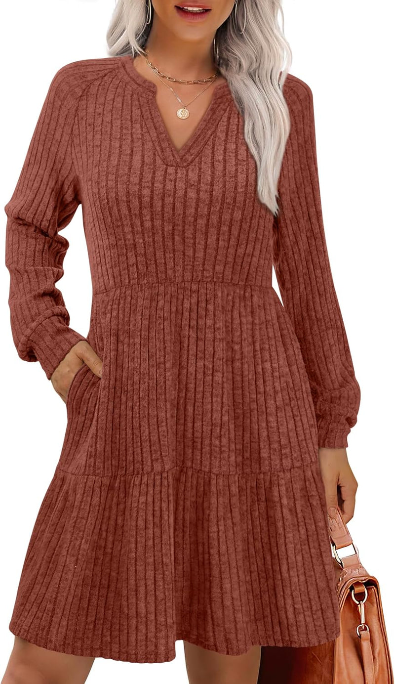 IWD Womens V Neck Long Sleeve Dress with Pockets Casual A-Line Knee Length Fall Knit Sweater Dresses 2025-34