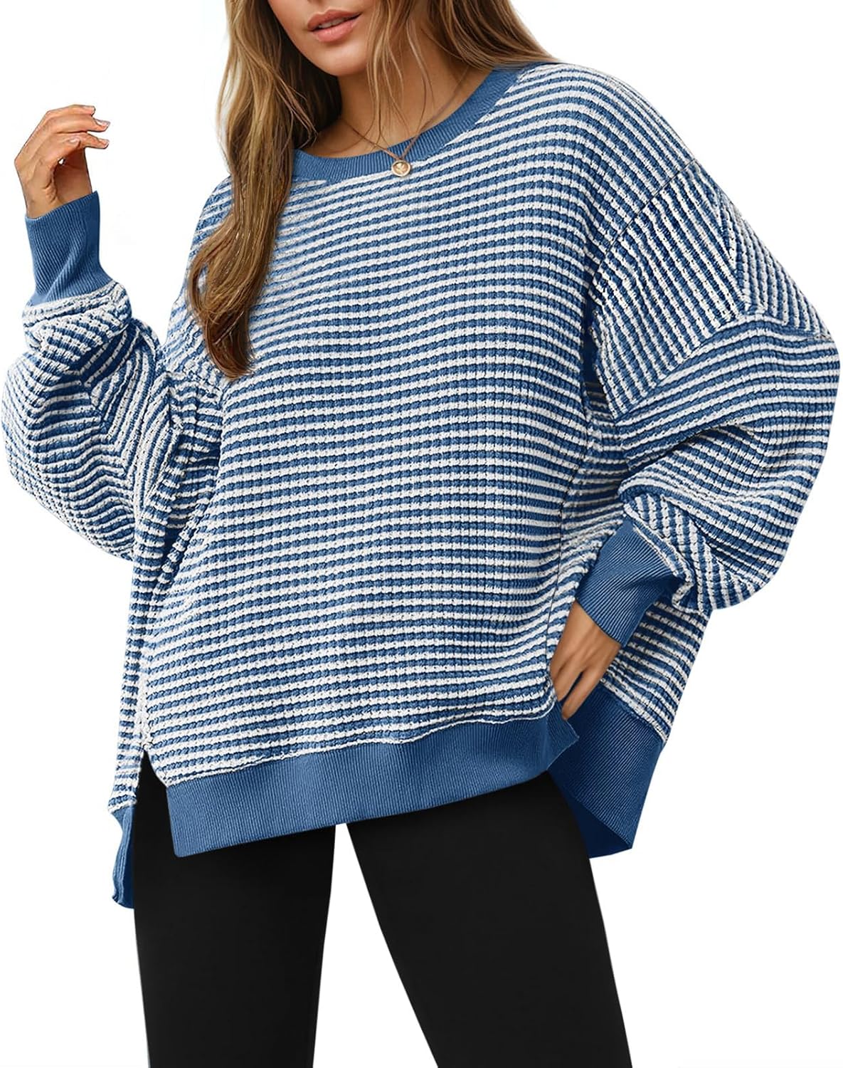 Fisoew Women's Fall Oversized Sweatshirt Casual Waffle Knit Long Sleeve Crewneck Split Pullover Tunic Tops-36