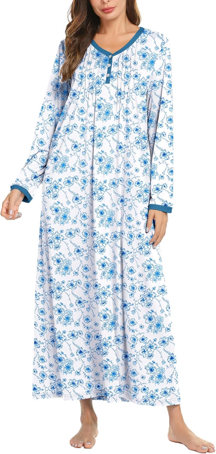 Ekouaer Women's Long Sleeve Nightgown Full Length Sleepwear Long Sleepshirts Henley Sleep Dress S-4XL-50
