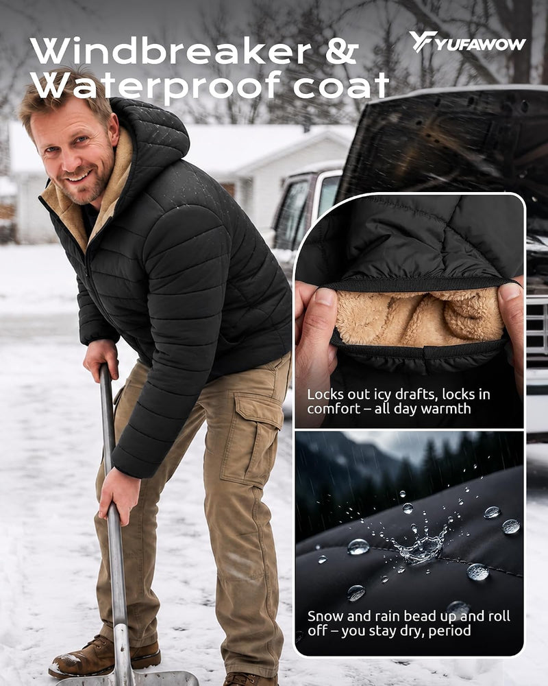Yufawow Men Puffer Jacket Insulated Warm Coat Sherpa Fleece Lined Lightweight for Cold Weather Outdoor Work Winter Casual Clothes
