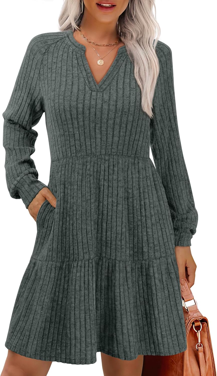 IWD Womens V Neck Long Sleeve Dress with Pockets Casual A-Line Knee Length Fall Knit Sweater Dresses 2025-24