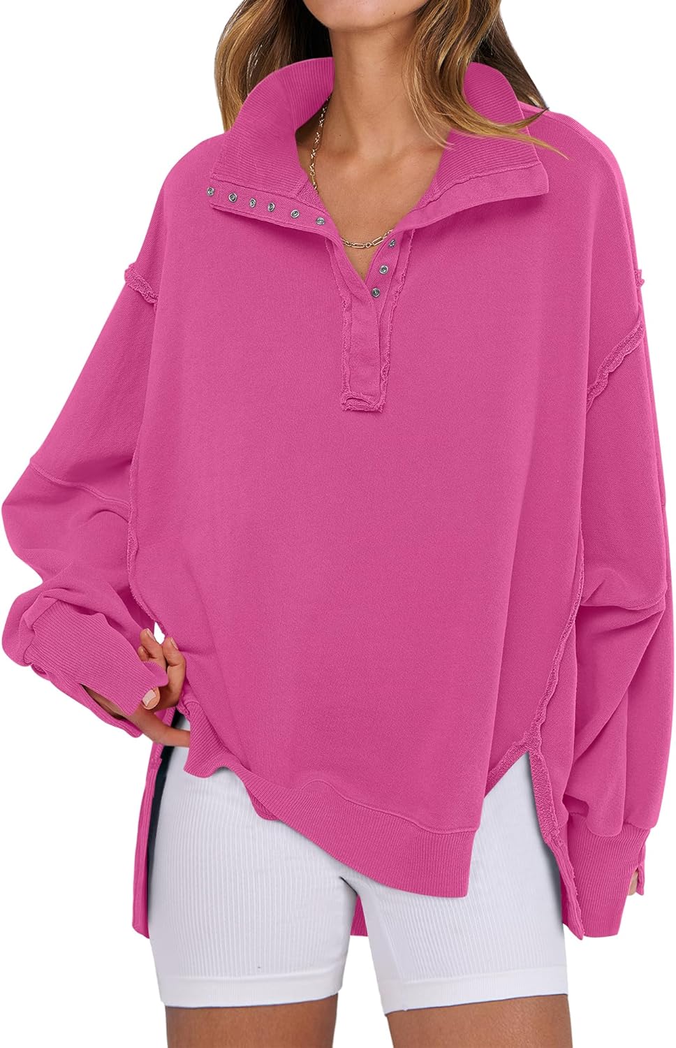 ANRABESS Women's Sweatshirts Oversized Casual Loose Button Up Henley Pullover Top High Low Split 2025 Fall Fashion Outfits-59