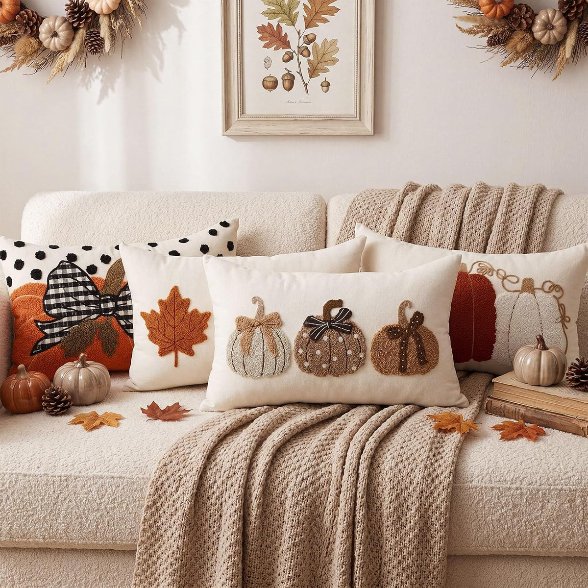 Boao Fall Pumpkin Pillow Covers 12x20 Rustic Boho Brown Beige Lumbar Case