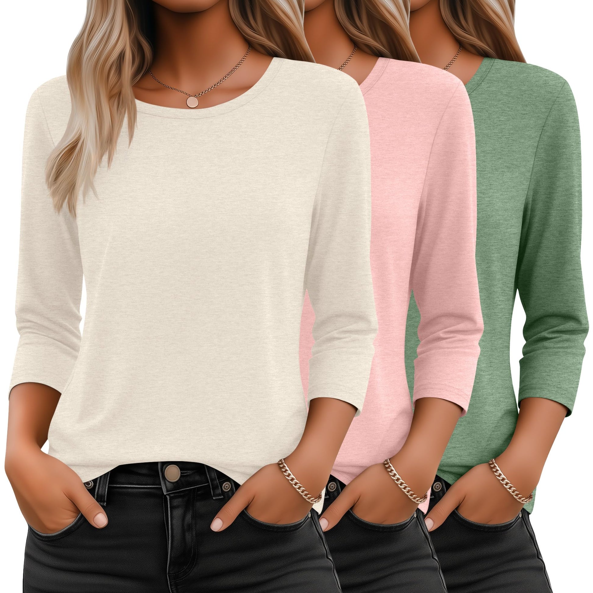 Ficerd 3 Pack 3/4 Sleeve Tops for Women Round Neck Dressy Basics Tees Casual Trendy Loose Fit T Shirts-72