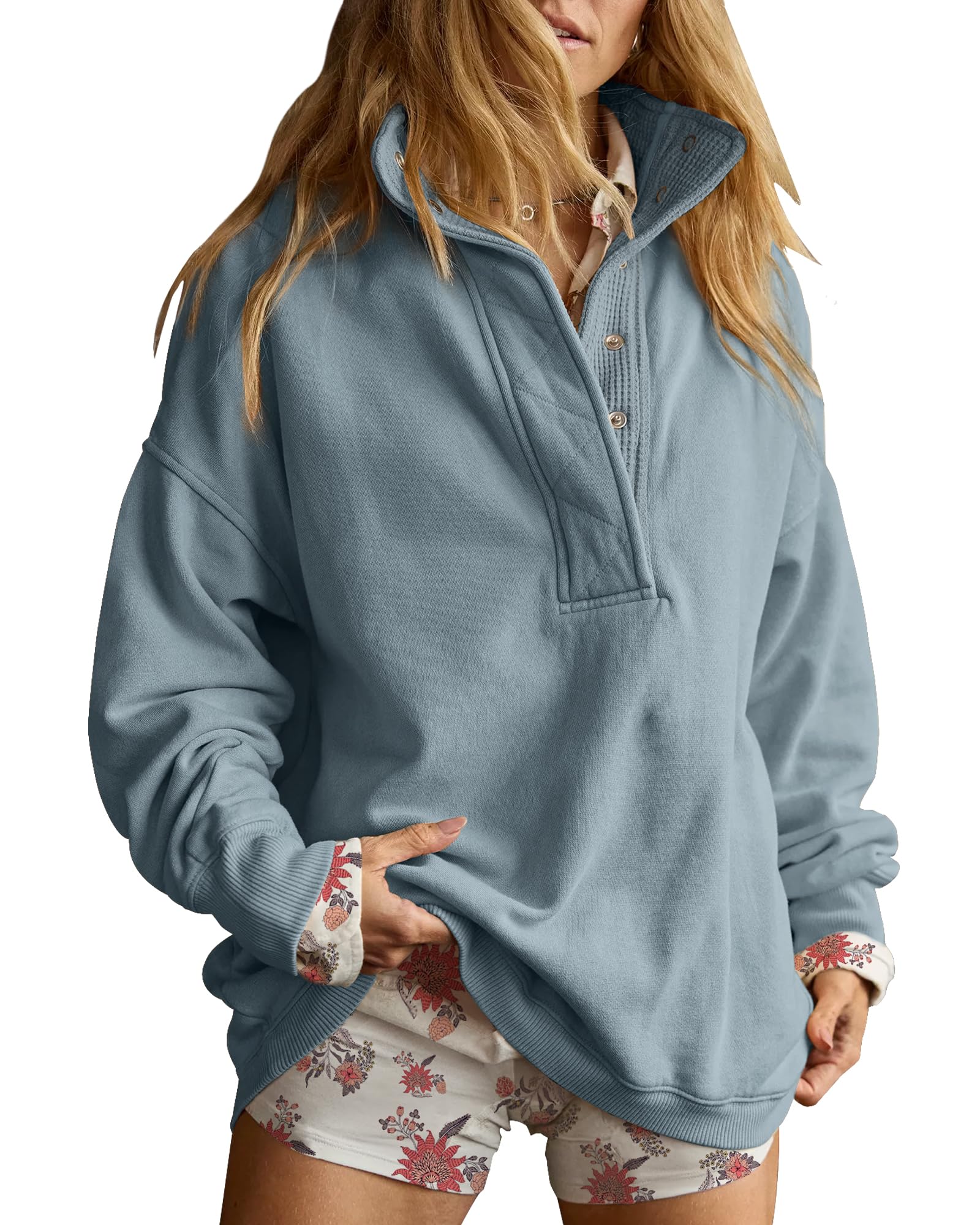 Gacaky Sweatshirt for Women Oversized Casual Long Sleeve Button Henley Neck Pullover Tops Fashion Outfits Clothes