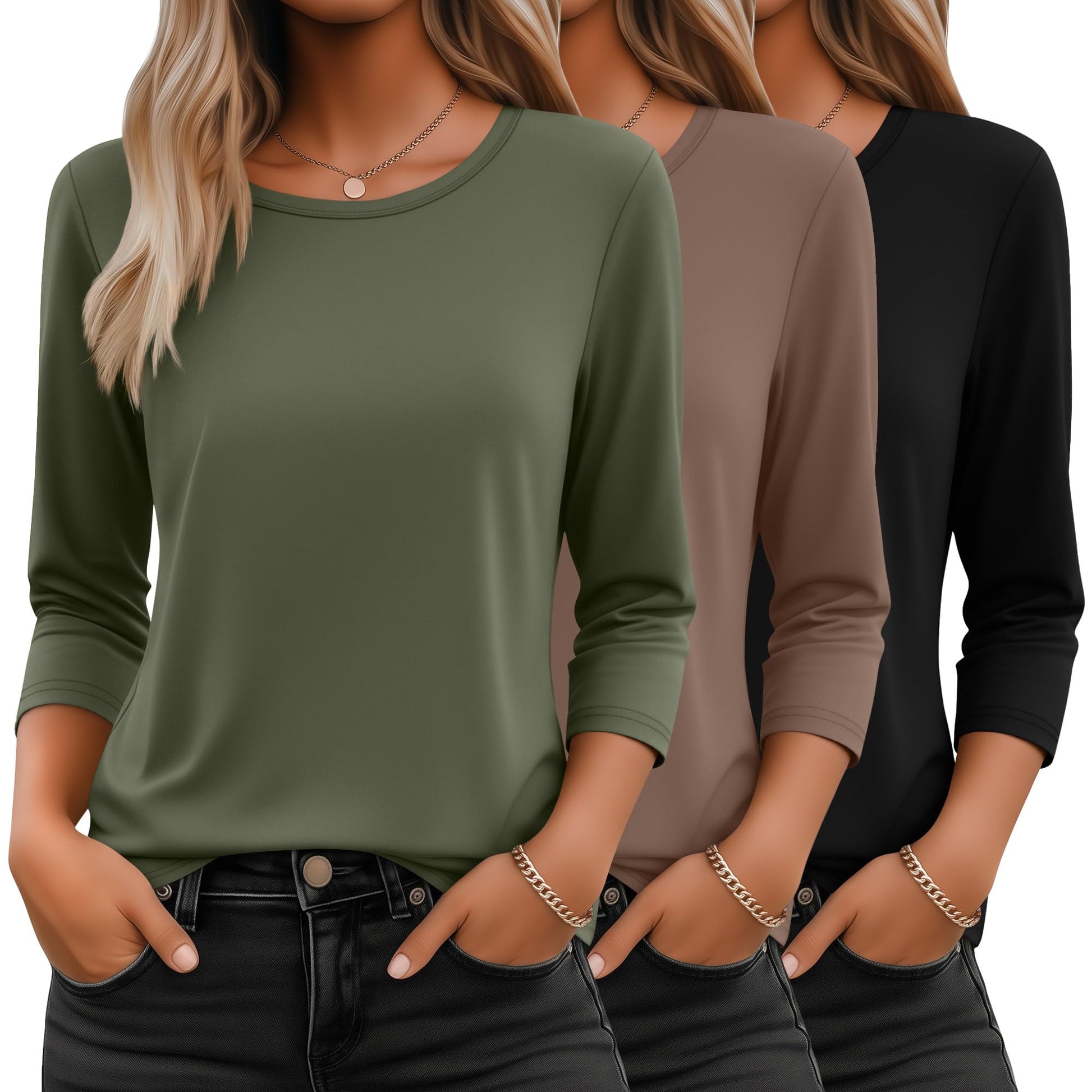 Ficerd 3 Pack 3/4 Sleeve Tops for Women Round Neck Dressy Basics Tees Casual Trendy Loose Fit T Shirts-90