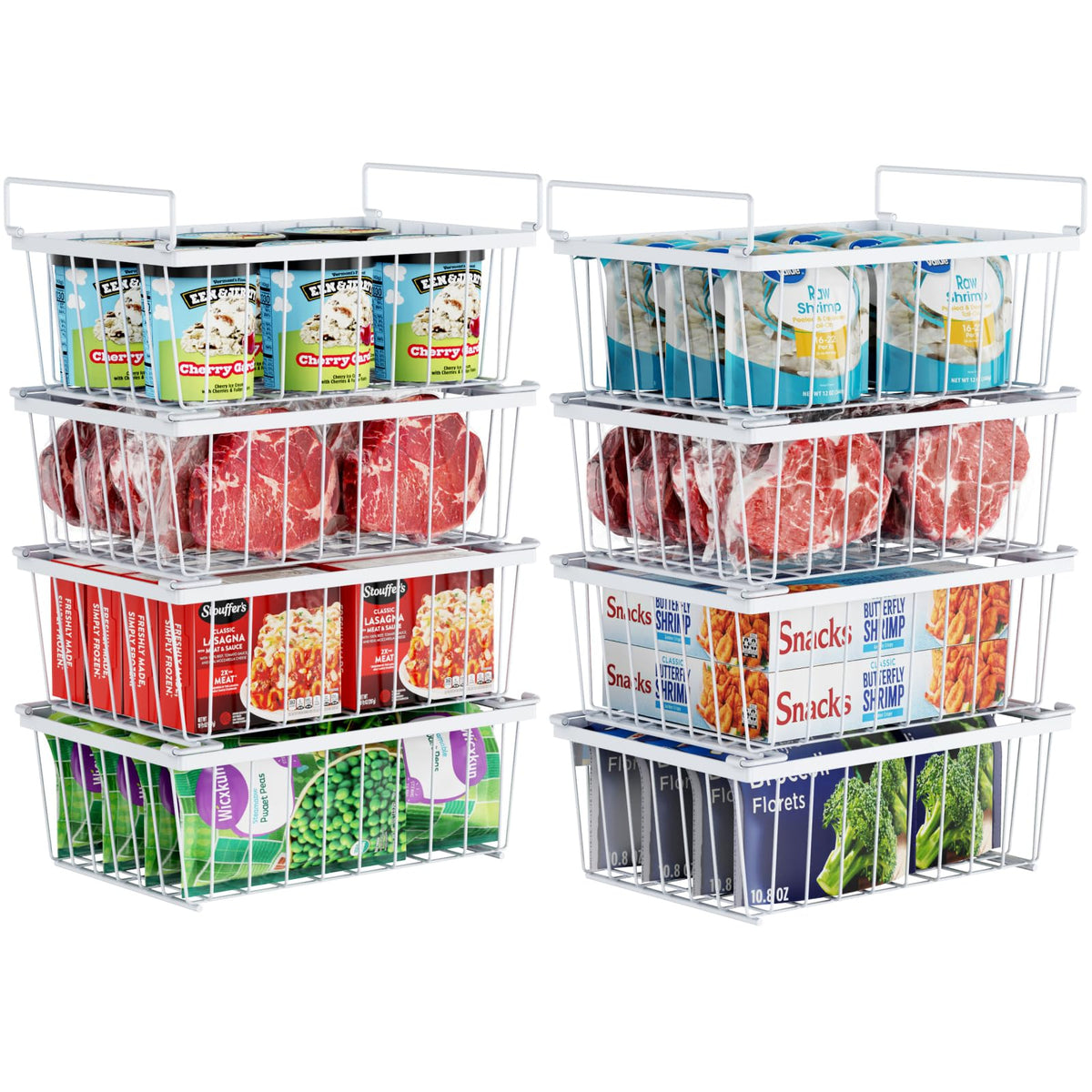 iSPECLE Freezer Organizer Bins - Storage Baskets for 5 Cu.Ft, 4 Pack | Easy Food Access, Stackable Wire Storage, Vertical Space for Frozen Food, Sorts Meat, Vegetables and Bagged Items, Home