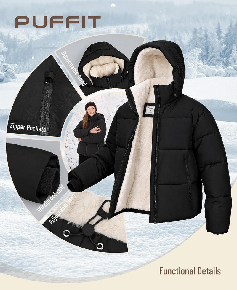 Women's Cropped Puffer Jacket with Faux Fur Lining Quilted Coat Winter