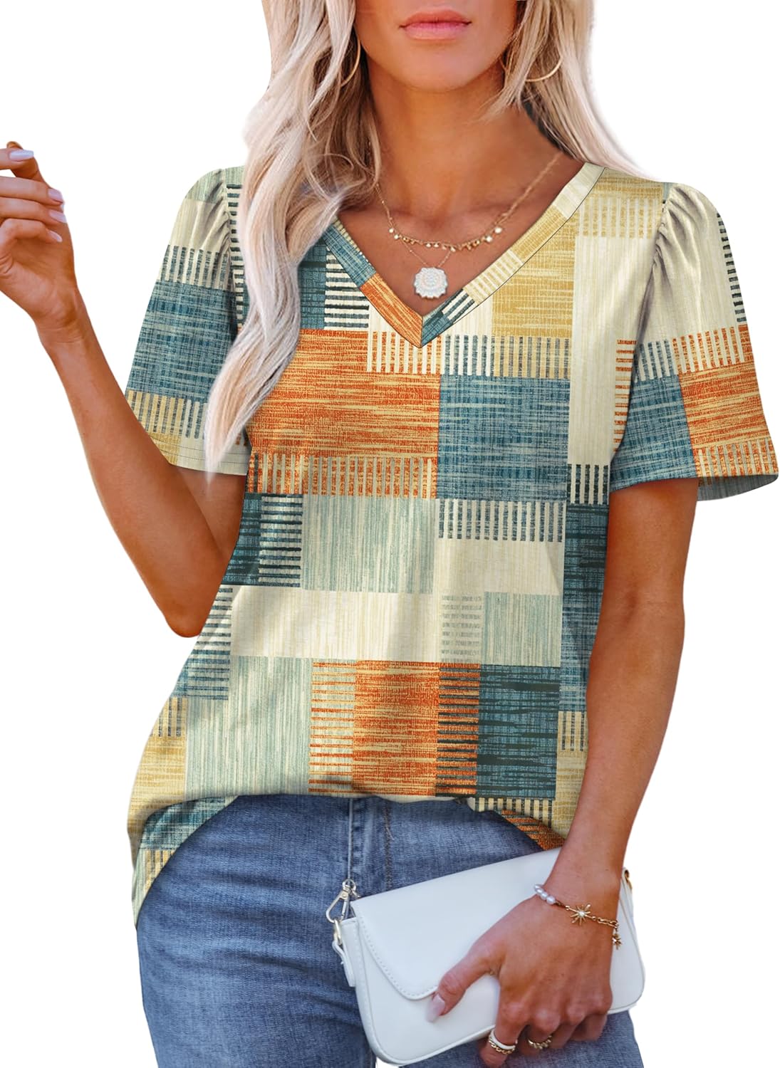 OFEEFAN T Shirts for Women V Neck Dressy Casual Blouses Puff Short Sleeve Summer Tops Loose Fit-25