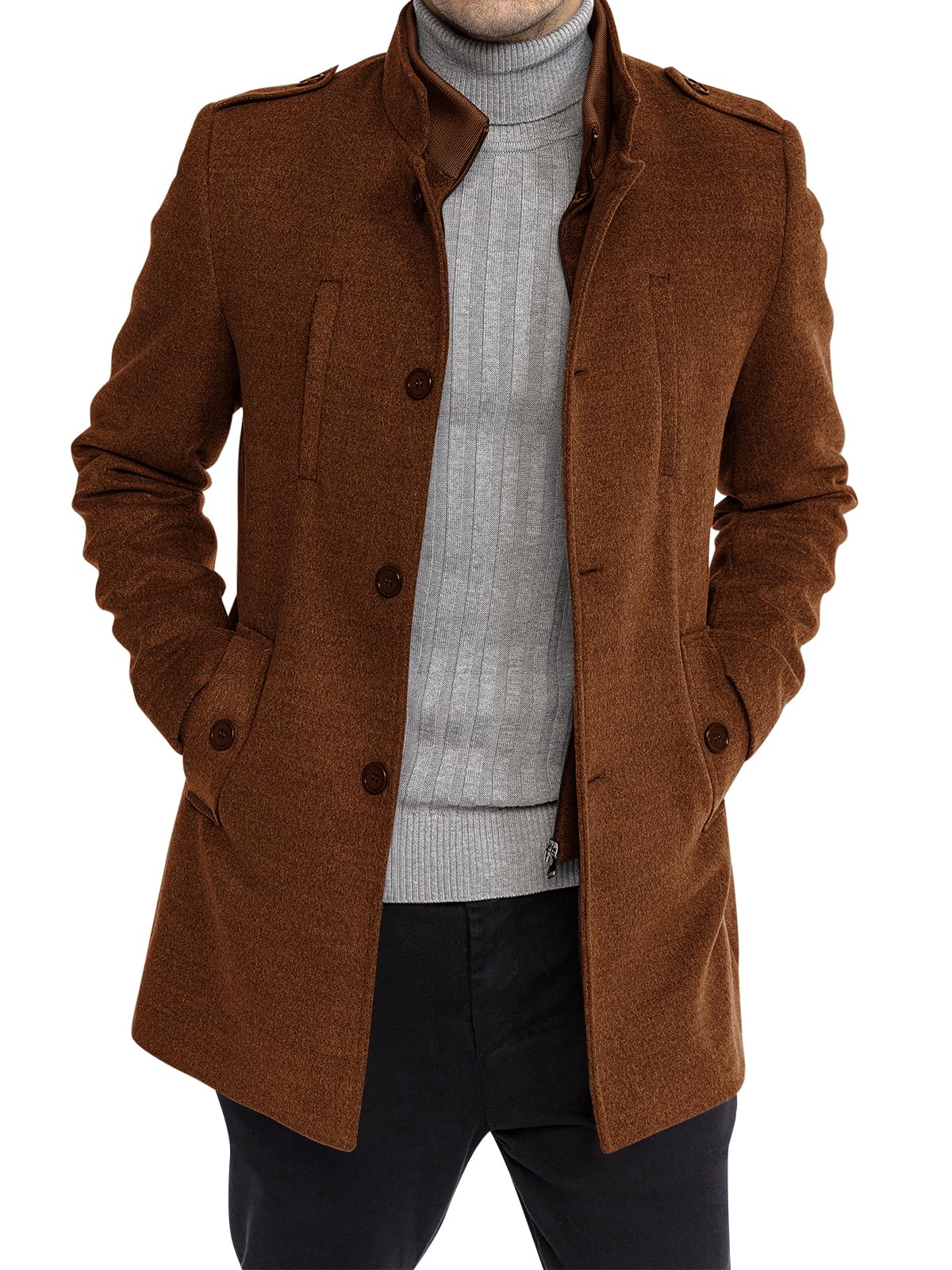 Karlywindow Mens Trench Coat Long Sleeve Stand Collar Single Breasted Pea Coat Casual Mid Long Slim Fit Overcoat with Pockets-16