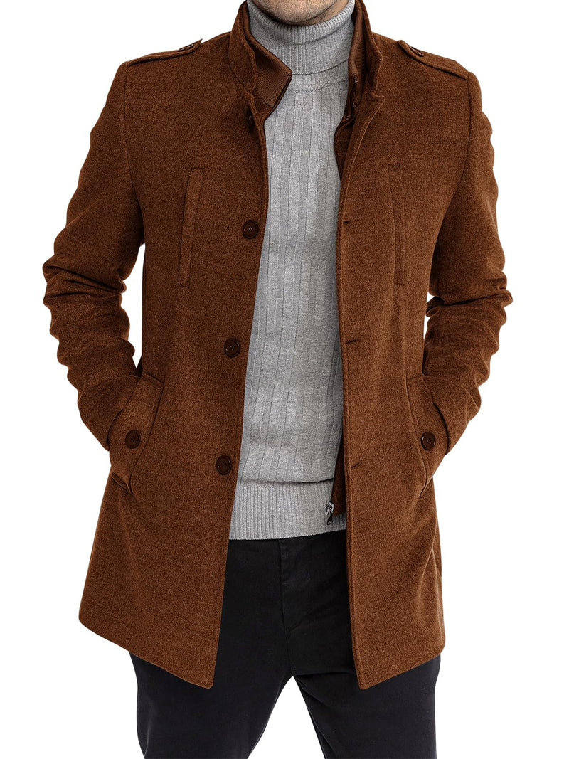 Karlywindow Mens Trench Coat Long Sleeve Stand Collar Single Breasted Pea Coat Casual Mid Long Slim Fit Overcoat with Pockets-16