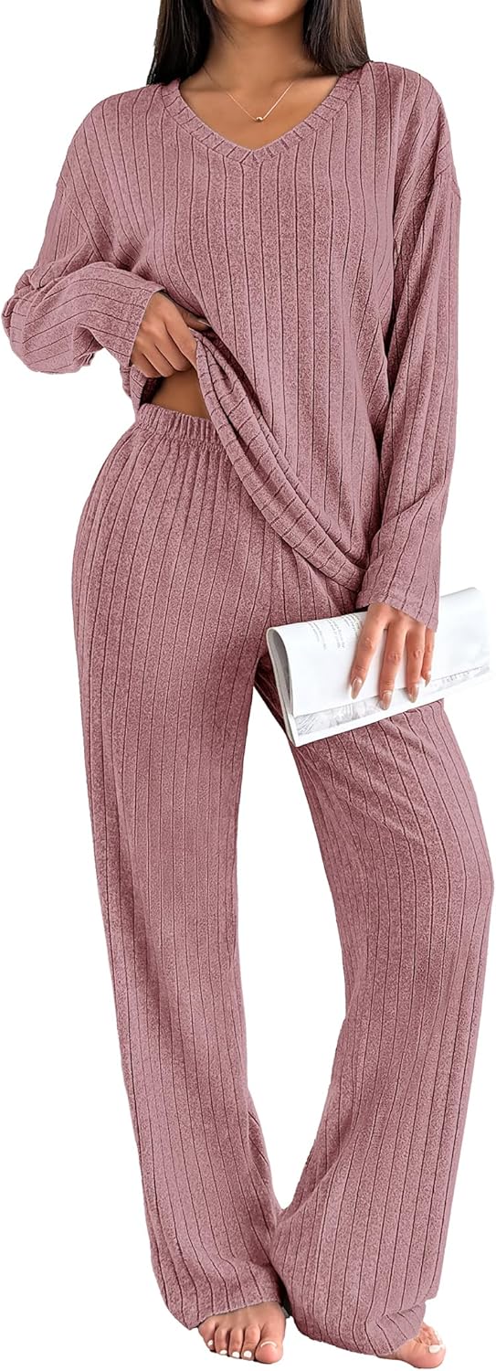 Ekouaer Lounge Sets for Women Long Sleeve Knit Ribbed Pajama Sets 2 Piece Casual Loungewear with Pockets-34