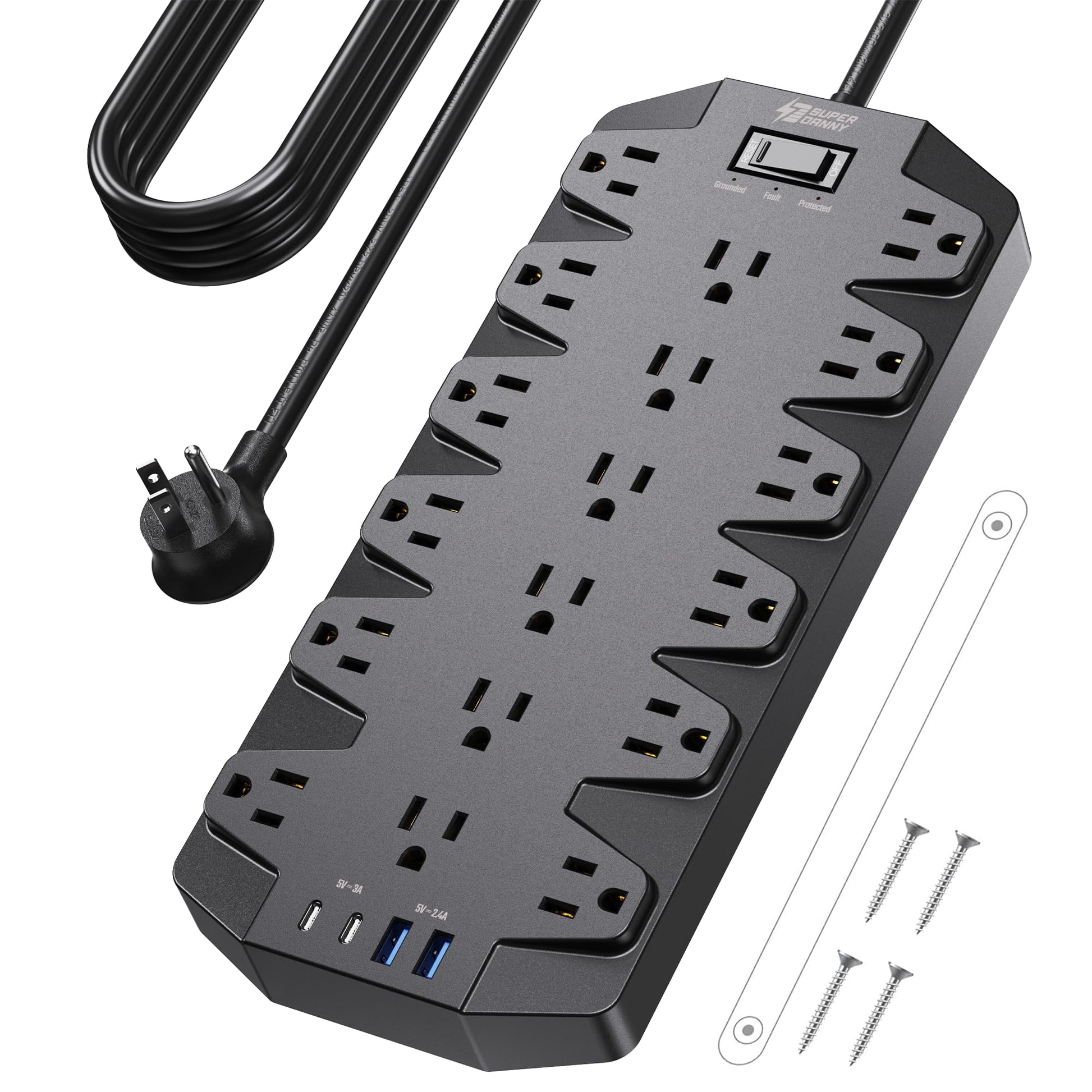 Surge Protector Power Strip, SUPERDANNY 18 AC Outlets with 4 USB Ports, 1875W/15A, 2100J, 6.5FT Flat Plug Heavy Duty Extension Cord with Wall Mount Holes for Home, Office, Gaming Room,Dorm, Black
