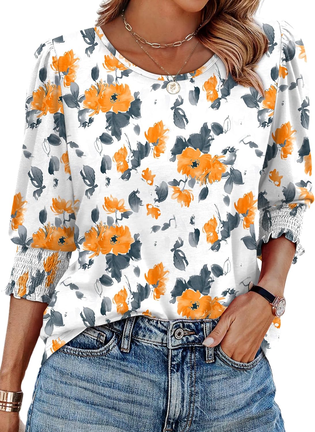 XIEERDUO Blouses for Women Dressy Casual 3/4 Length Sleeve Womens Tops with Smocked Cuffs-6