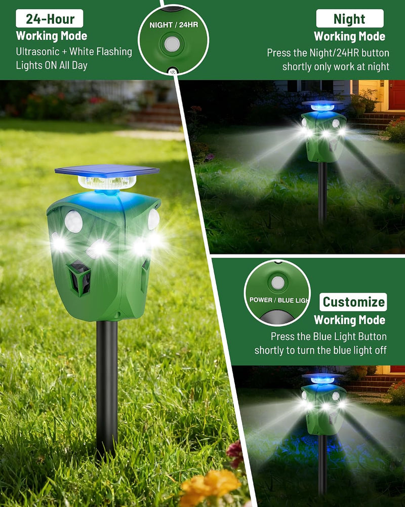 360° Solar Animal Repellent for Yard & Garden – No Blind Spot Motion Sensor to Keep Deer, Raccoons & Cats Away, Waterproof Ultrasonic & Flashing Light Outdoor Deer Repellent Device