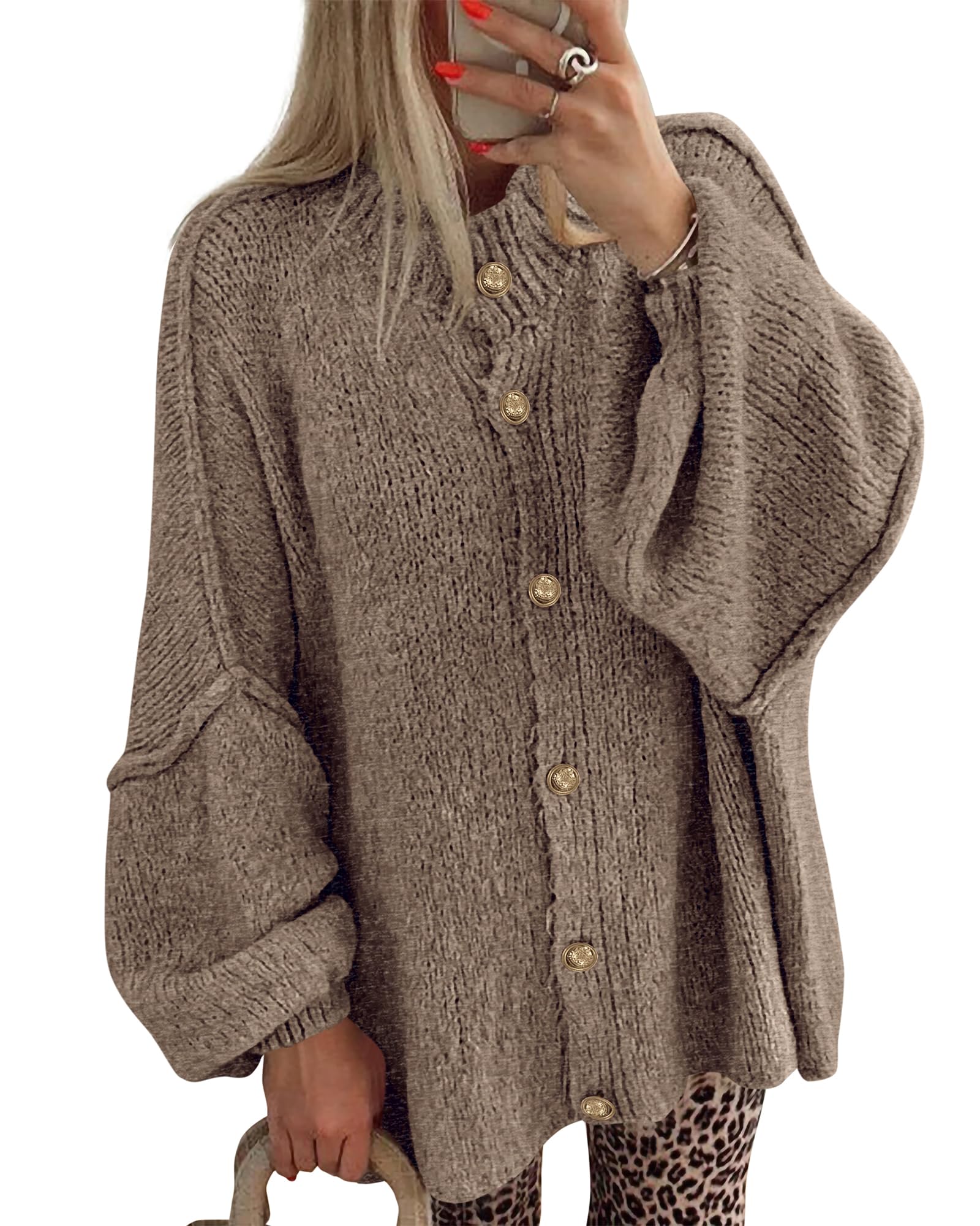 BTFBM Cardigan Sweaters for Women 2026 Fall Clothes Lantern Long Sleeve Button Open Front Chunky Knit Oversized Sweater-39