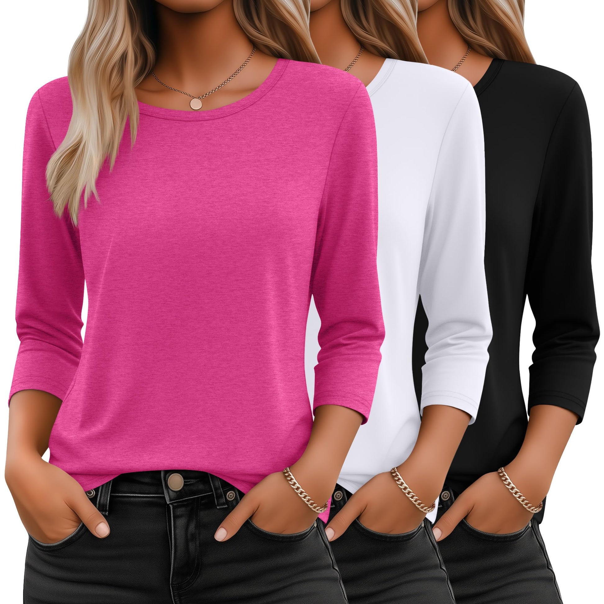 Ficerd 3 Pack 3/4 Sleeve Tops for Women Round Neck Dressy Basics Tees Casual Trendy Loose Fit T Shirts-59
