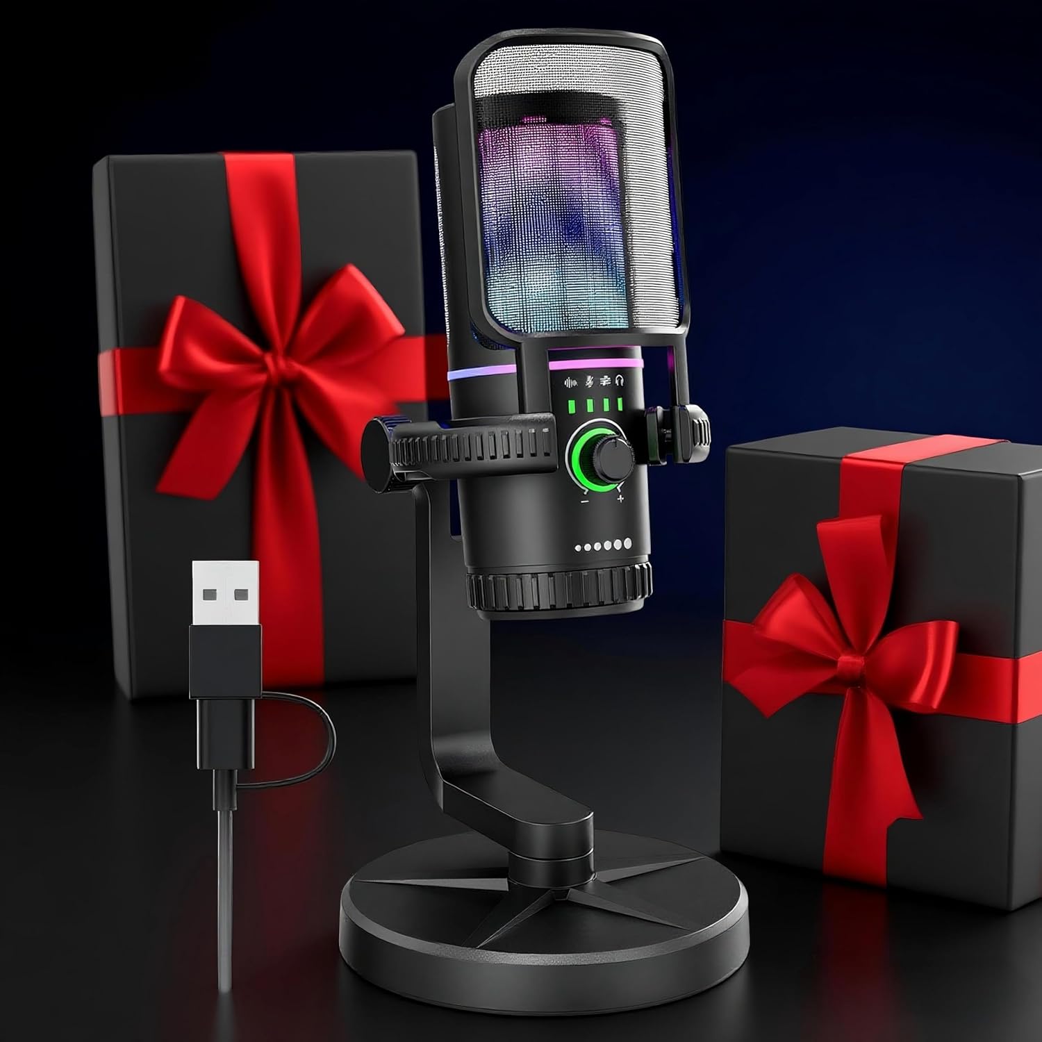 SINWE Gaming Microphone with Noise Cancelation & Gain Control- USB PC Mic for Streaming, Gaming, Podcasts, PC, PS4 -Includes Pop Filter, Shock Mount, Quick Mute & RGB Lighting