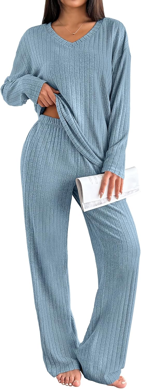 Ekouaer Lounge Sets for Women Long Sleeve Knit Ribbed Pajama Sets 2 Piece Casual Loungewear with Pockets-26
