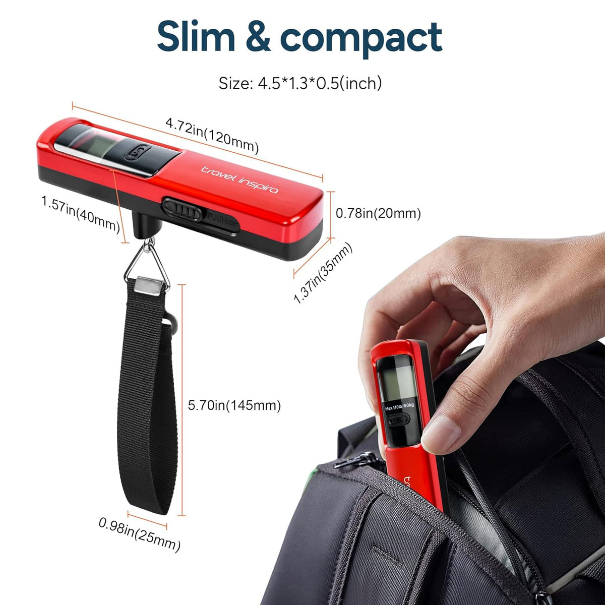 travel inspira Battery-Free Luggage Scale 110lb/50kg Digital Portable | Battery-free luggage scale, pump to power, 110lb/50kg, ±50g, lb/kg switch, tare, overload alert, travel essential