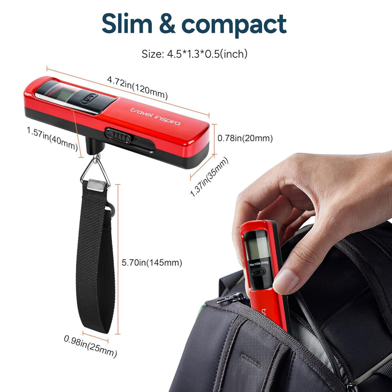 travel inspira Battery-Free Luggage Scale 110lb/50kg Digital Portable | Battery-free luggage scale, pump to power, 110lb/50kg, ±50g, lb/kg switch, tare, overload alert, travel essential
