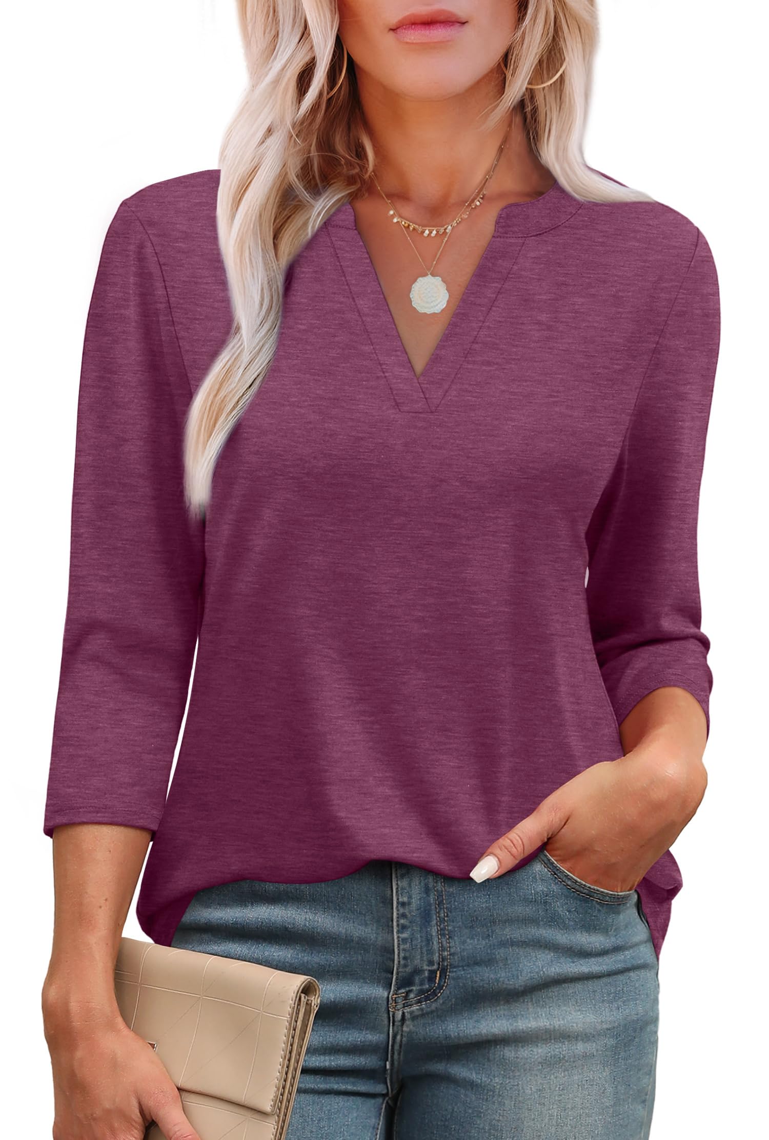 OFEEFAN 3/4 Length Sleeve Womens Tops V Neck Tunic Shirts Loose Curved Hem Blouses Dressy Casual S-3XL-97