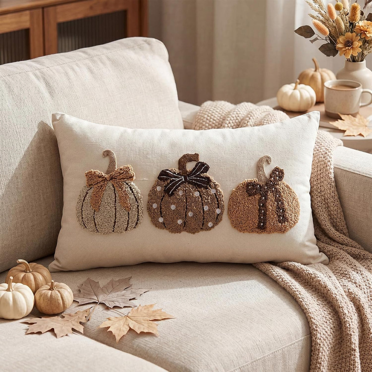 Boao Fall Pumpkin Pillow Covers 12x20 Rustic Boho Brown Beige Lumbar Case