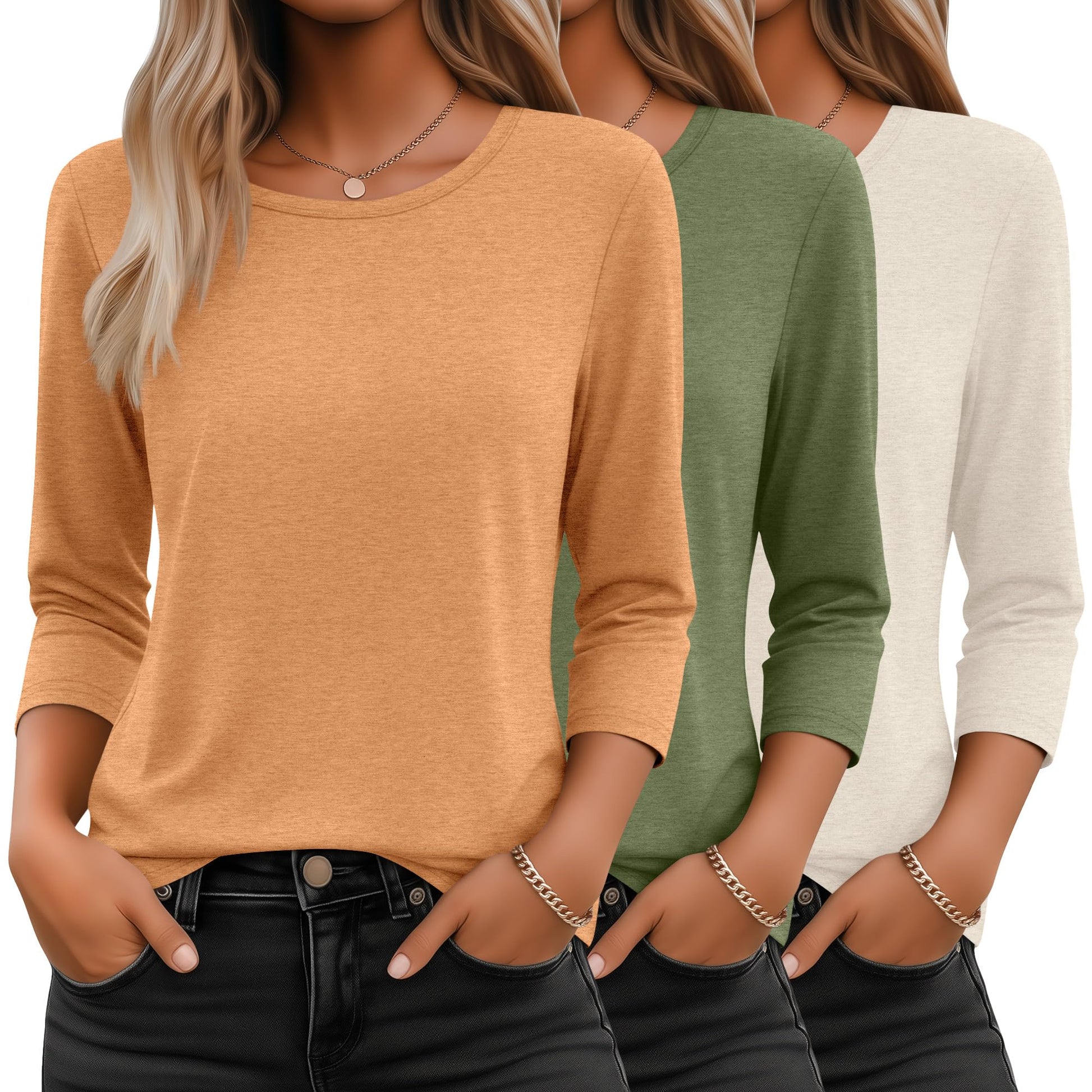 Ficerd 3 Pack 3/4 Sleeve Tops for Women Round Neck Dressy Basics Tees Casual Trendy Loose Fit T Shirts-87