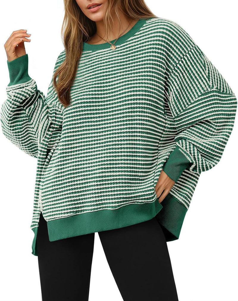 Fisoew Women's Fall Oversized Sweatshirt Casual Waffle Knit Long Sleeve Crewneck Split Pullover Tunic Tops-1