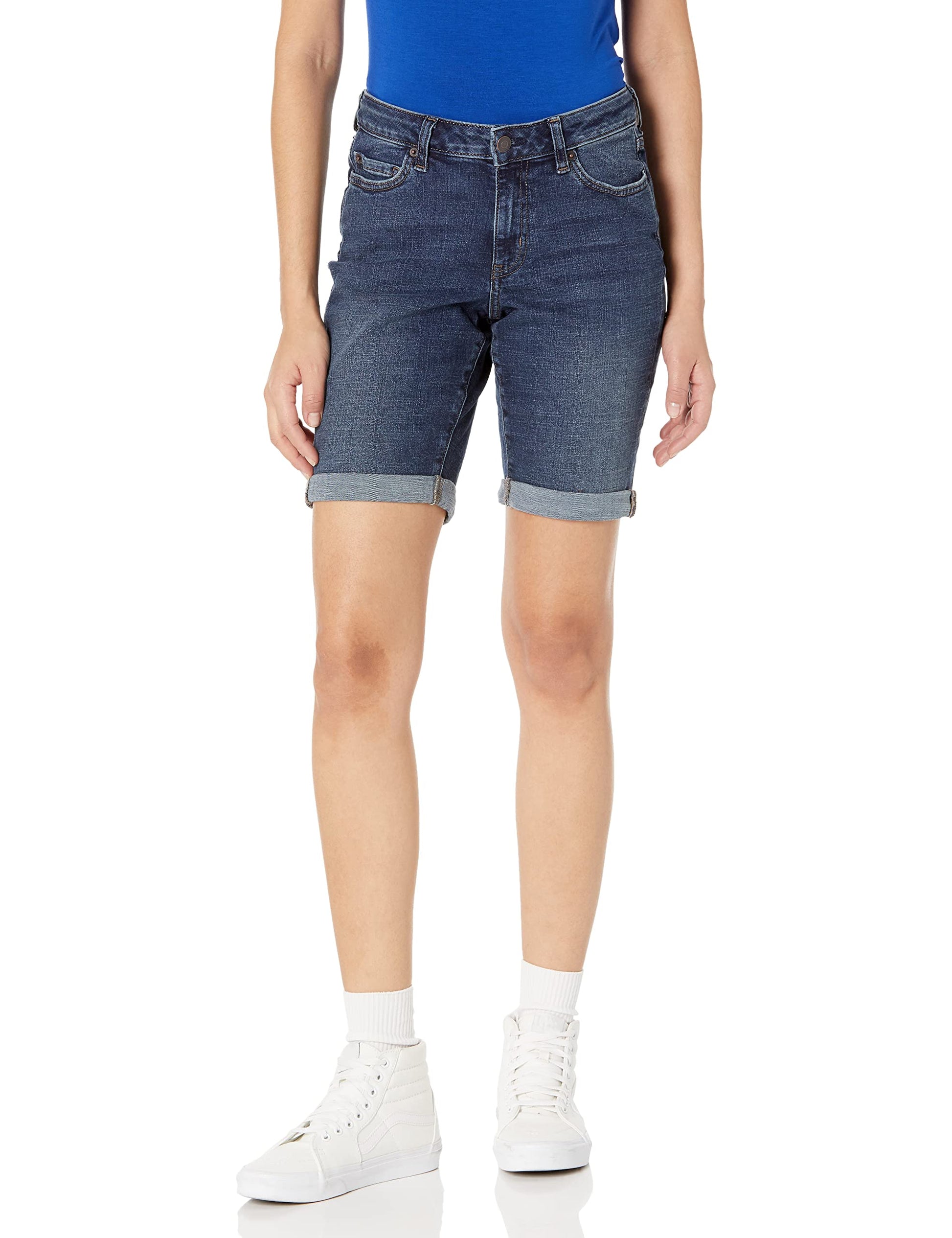 Amazon Essentials Women's Mid-Rise Stretchy Slim Fit Denim Bermuda Shorts with Pockets