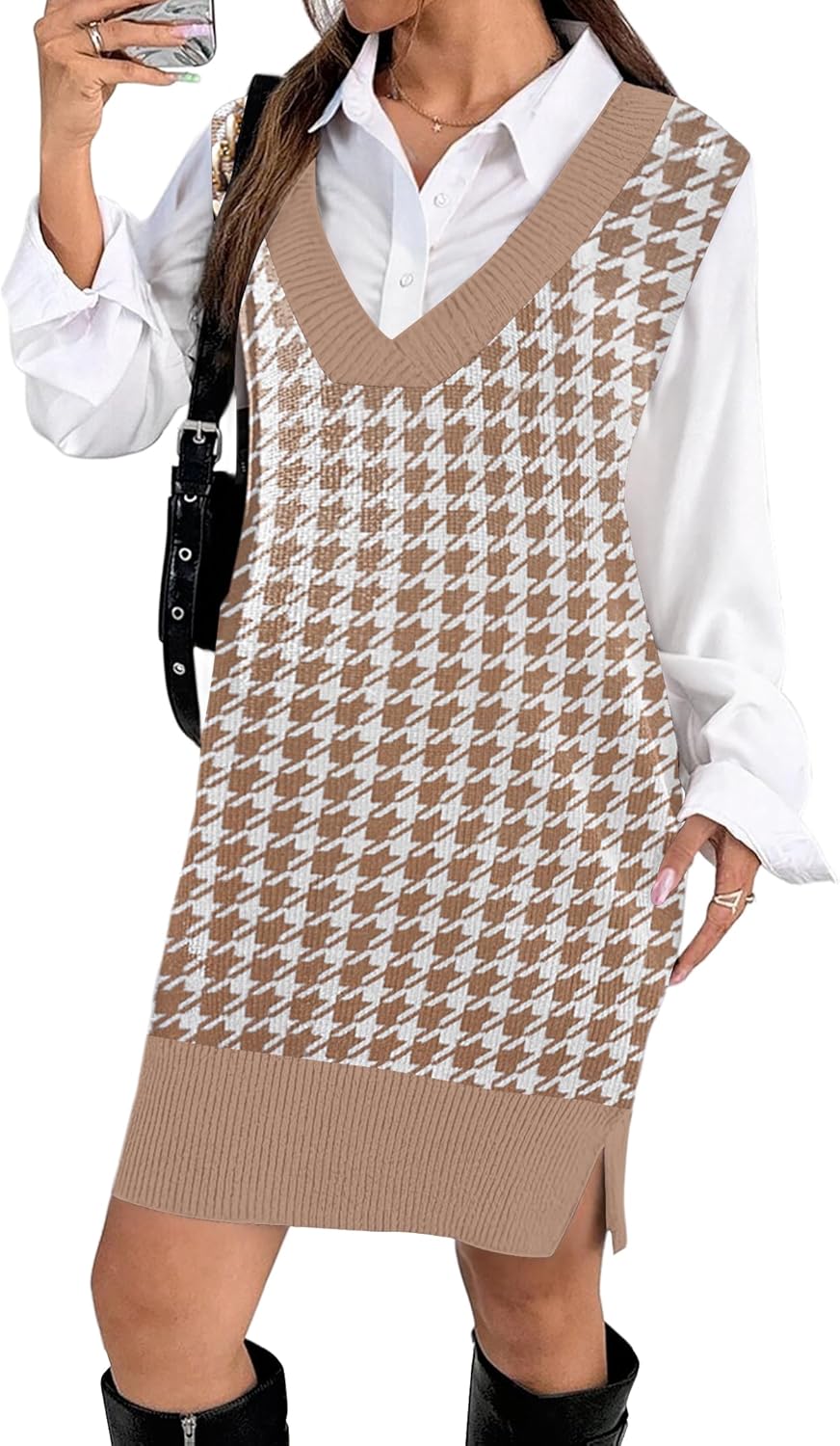 Zeagoo Women's V Neck Sweater Vest Dress Oversized Sleeveless Casual Pullover Sweater Fall Winter Knit Slit Short Dress-10