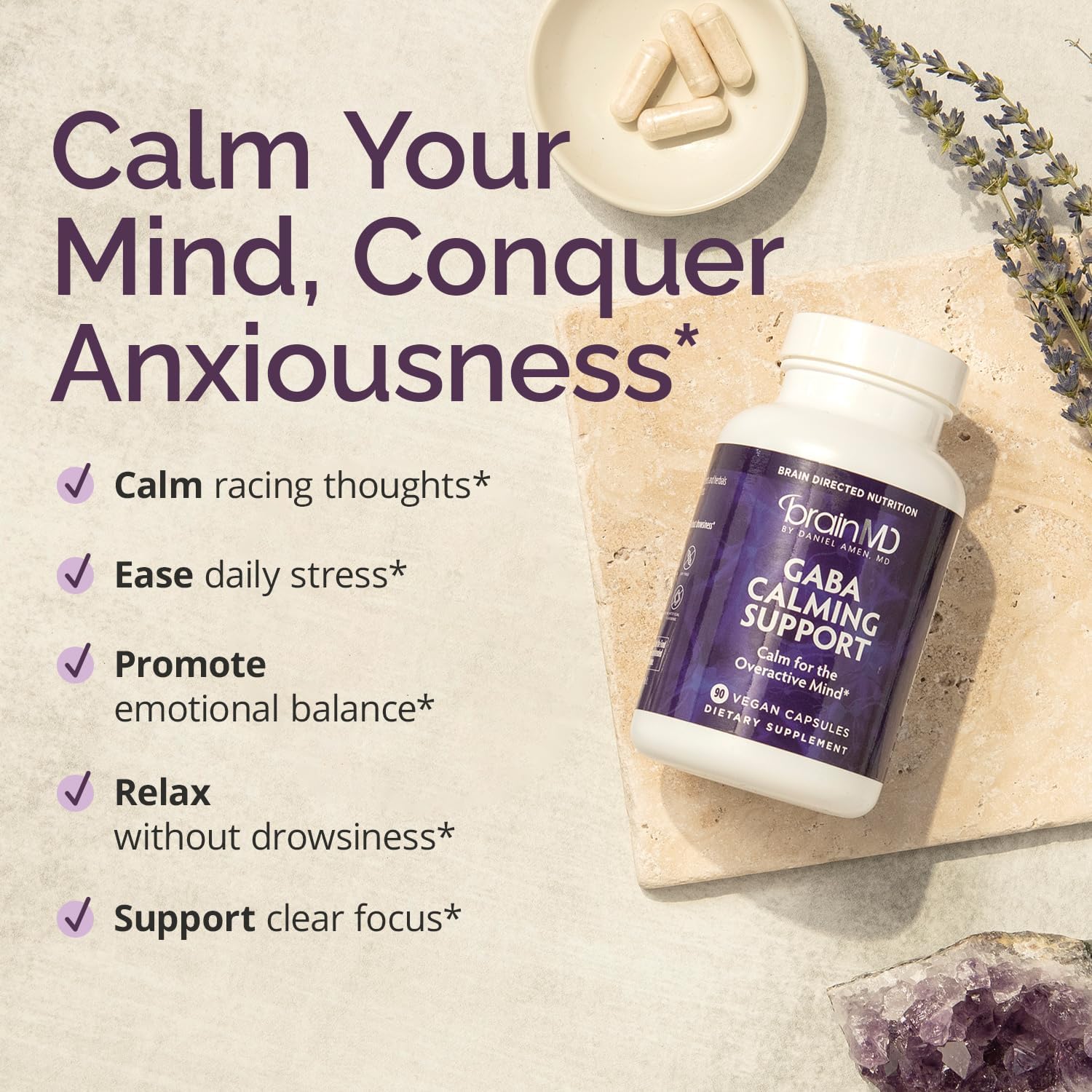 BRAINMD Dr Amen GABA Calming Support - 90 Capsules - Promotes Relaxation - Contains Magnesium, Vitamin B6 & Lemon Balm - 90 Servings