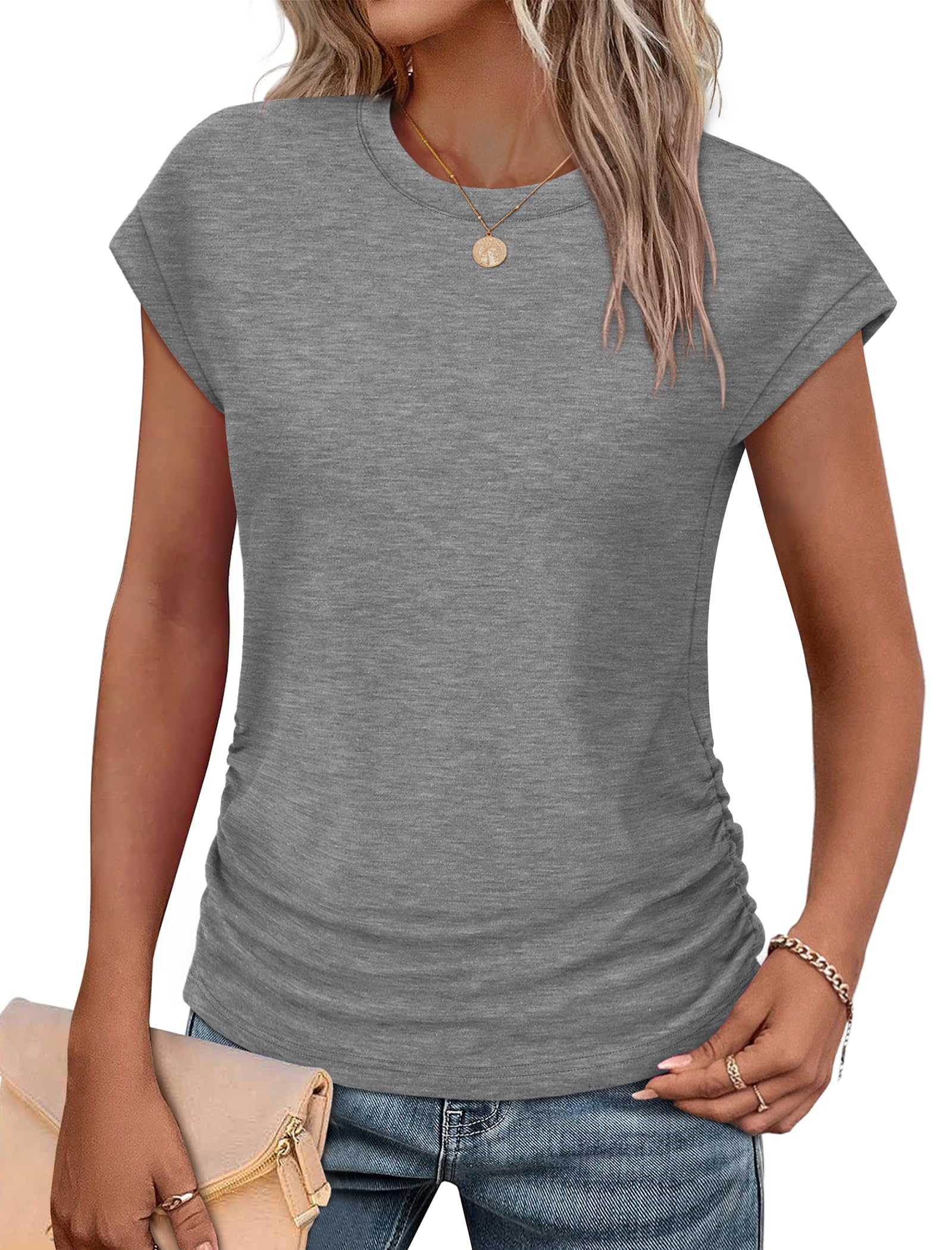 SAMPEEL Womens Summer Tops Trendy 2025 Ruched Cap Short Sleeve Tshirts Shirts Crew Neck T Shirts Fashion-31
