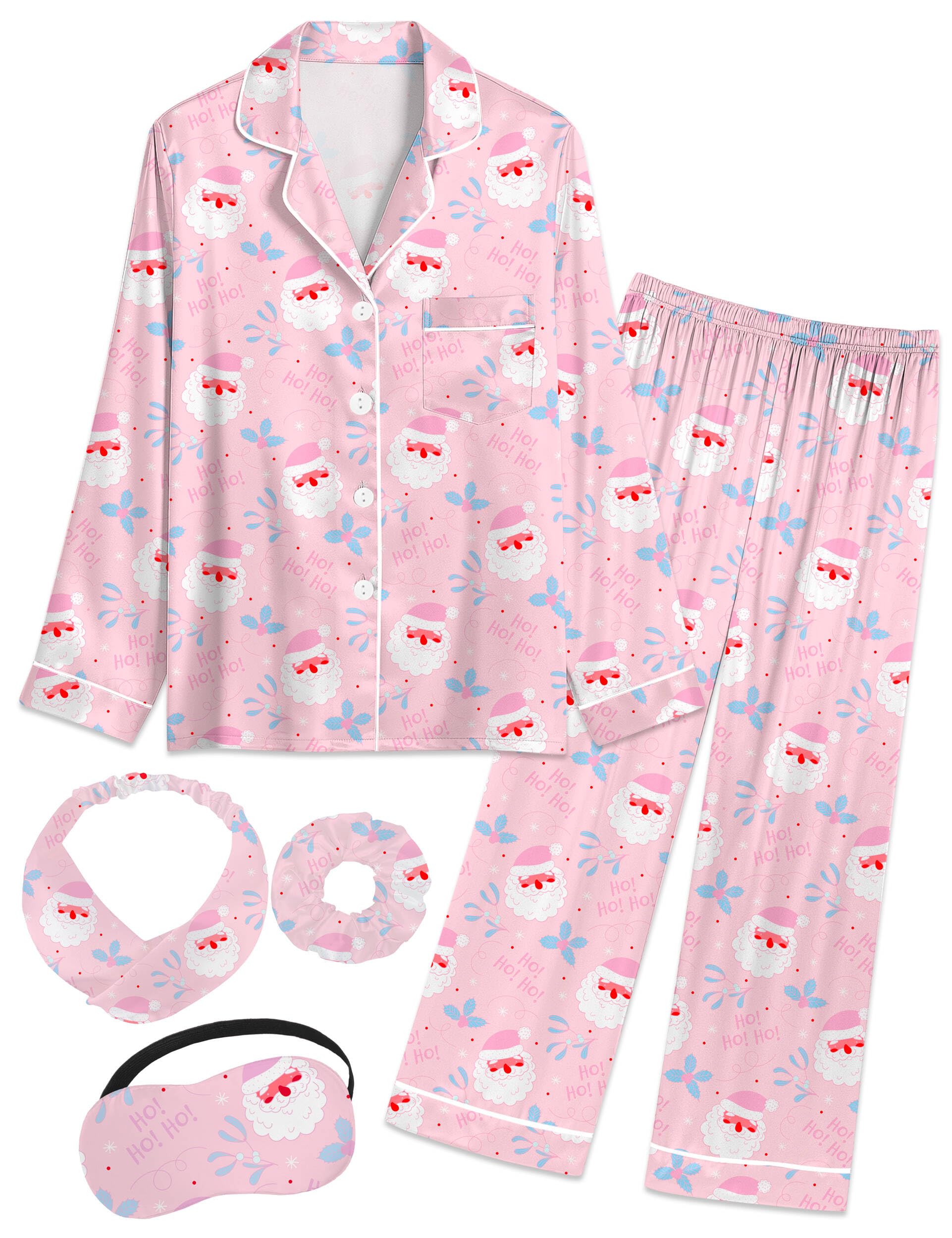 EPLAZA Kids Satin Pajamas Sets Girls Boys Button-Down Silky Pajamas Sleepwear with Hairband Eye Mask Hair Tie