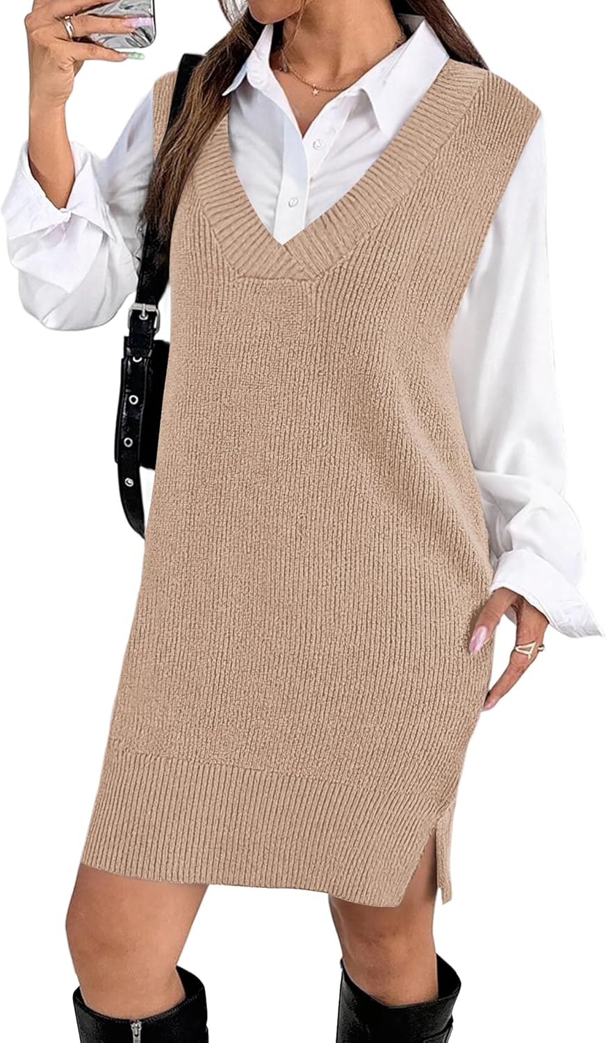 Zeagoo Women's V Neck Sweater Vest Dress Oversized Sleeveless Casual Pullover Sweater Fall Winter Knit Slit Short Dress-12
