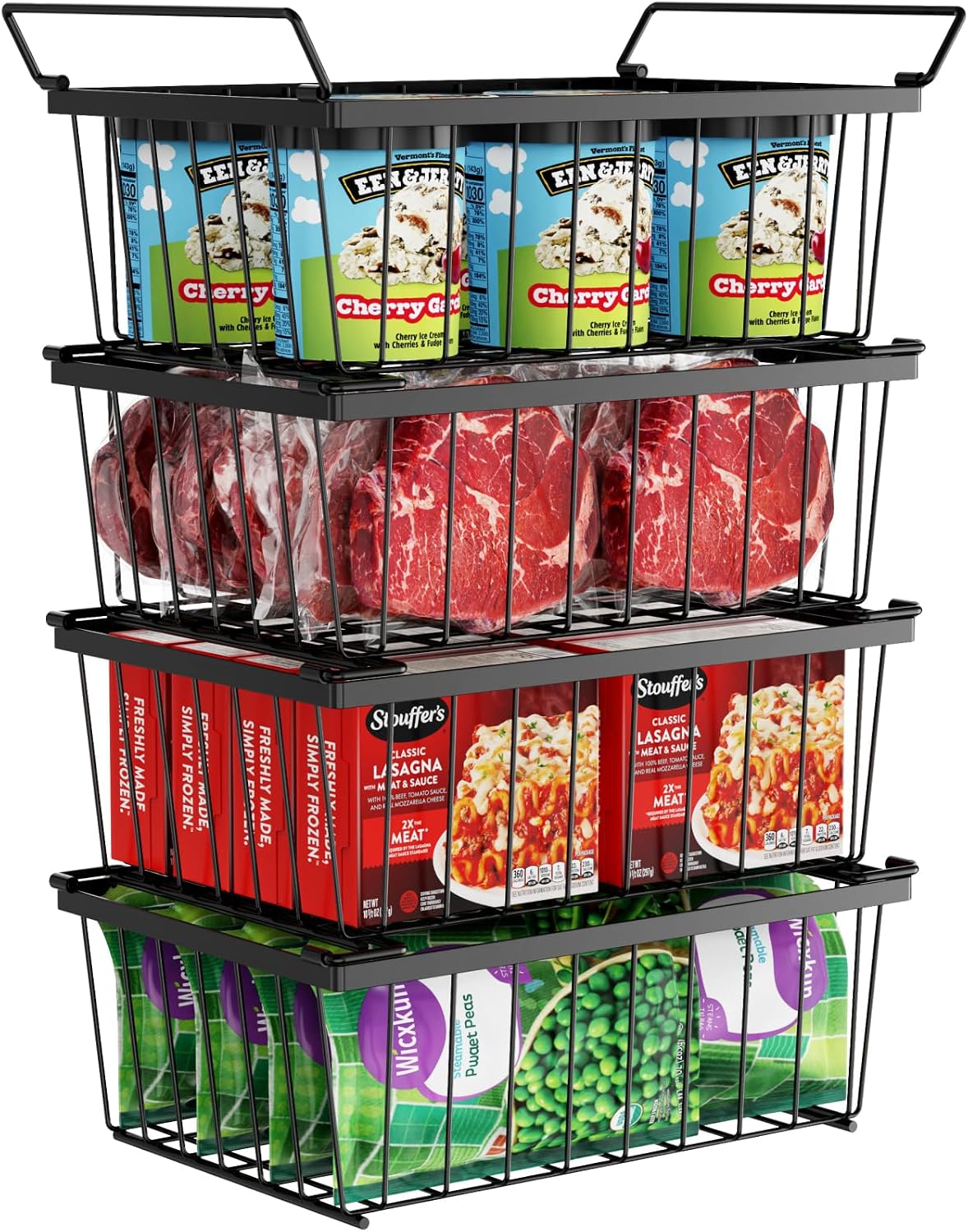 iSPECLE Freezer Organizer Bins - Storage Baskets for 5 Cu.Ft, 4 Pack | Easy Food Access, Stackable Wire Storage, Vertical Space for Frozen Food, Sorts Meat, Vegetables and Bagged Items, Home