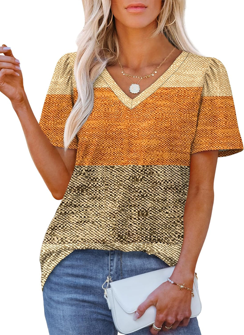 OFEEFAN T Shirts for Women V Neck Dressy Casual Blouses Puff Short Sleeve Summer Tops Loose Fit-5