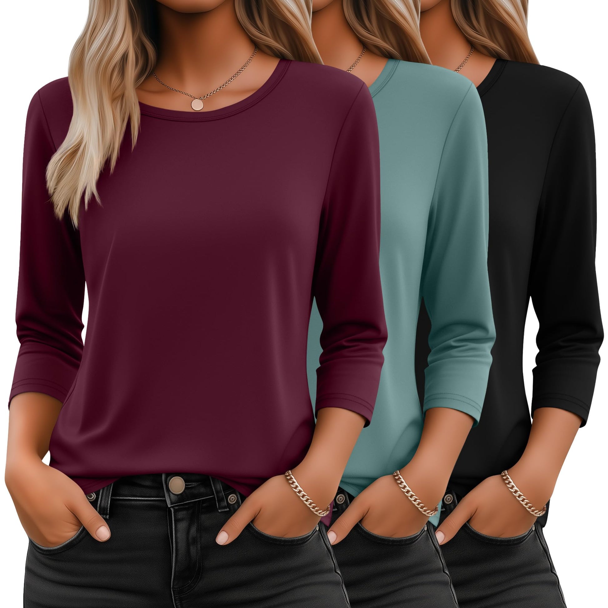 Ficerd 3 Pack 3/4 Sleeve Tops for Women Round Neck Dressy Basics Tees Casual Trendy Loose Fit T Shirts-7