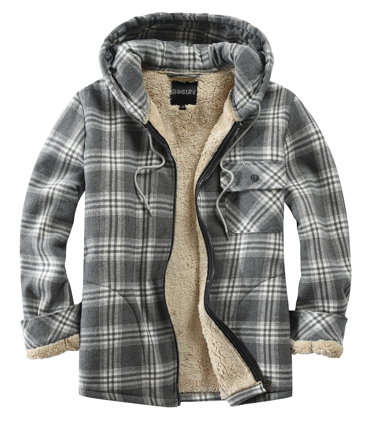 Elesuit Men's Full Zip Fleece Flannel Jacket Shirt Plaid Cotton Hoodie Coat
